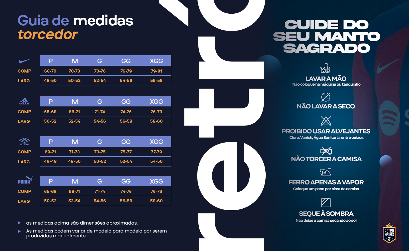Tabela de Medidas e Cuidados Lavagem Camisa Torcedor